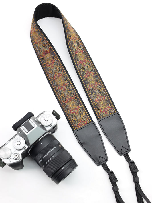 Embroidered Ribbon Camera Strap | Vintage Ribbon With Gold Metallic Thread | Photography Accessories | Holiday Gift | 2.0“ Width